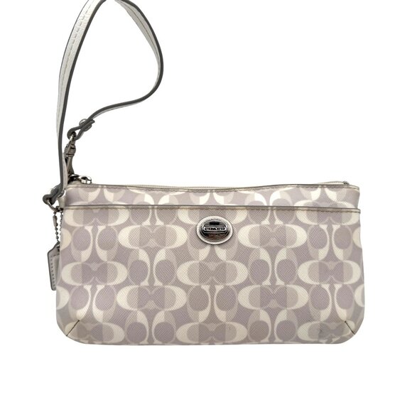 Coach Signature Ivory Taupe Coated Canvas Wristlet Gray Satin Lining Classic - Picture 1 of 15